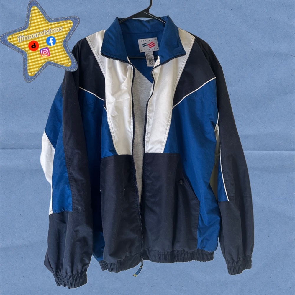 Perry Ellis Blue and White Windbreaker Jacket